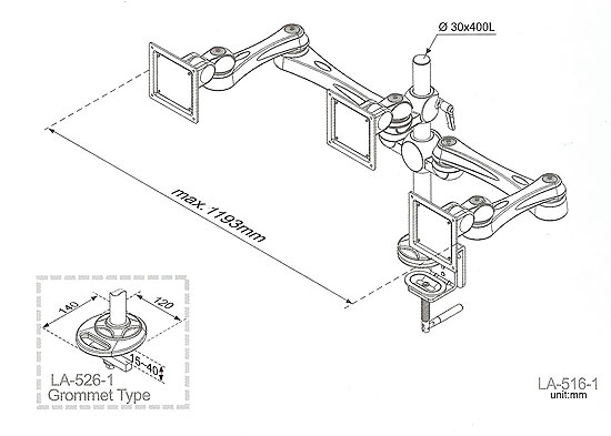 Sagitta LA-5261-1 Three Monitor Arm Grommet Type